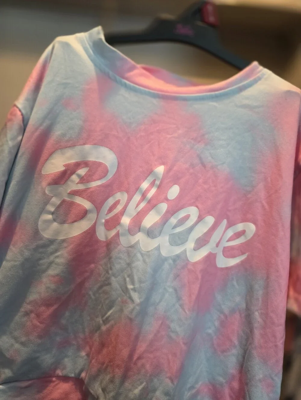 Shein Girls Pink and Blue Tie-Dye Believe Crop Top